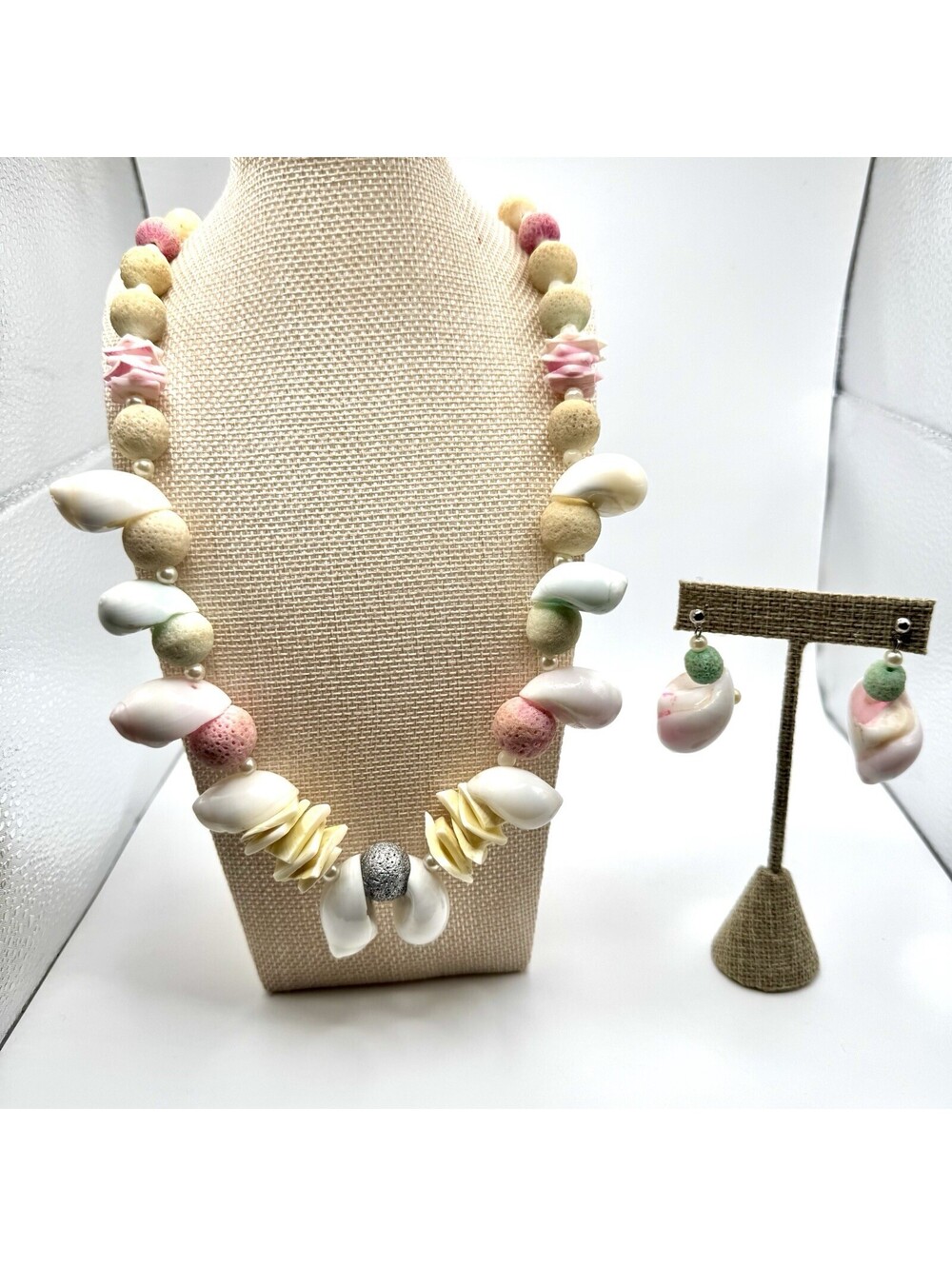 Vintage Moon Snail Shell & Coral Bead Statement Necklace& Earring Set Boho Beach